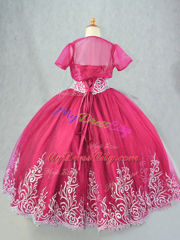 High Class Floor Length Hot Pink Little Girls Pageant Dress Tulle Sleeveless Beading and Embroidery