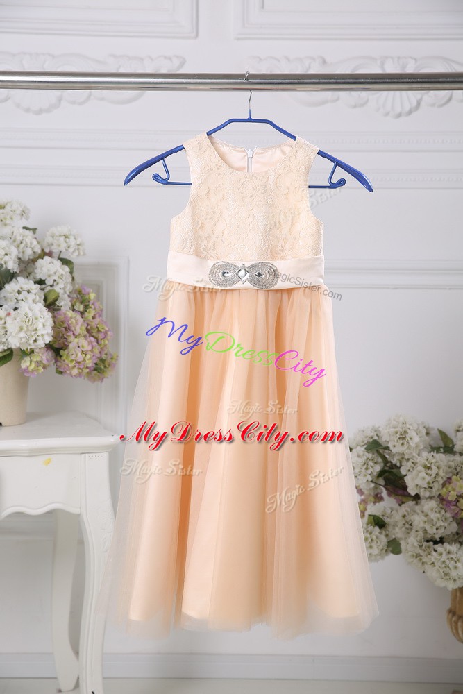 Peach Tulle Zipper Scoop Sleeveless Floor Length Flower Girl Dresses Lace and Belt