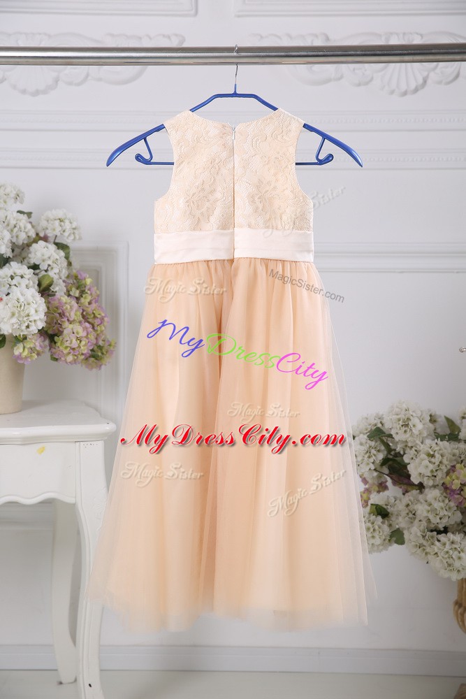 Peach Tulle Zipper Scoop Sleeveless Floor Length Flower Girl Dresses Lace and Belt