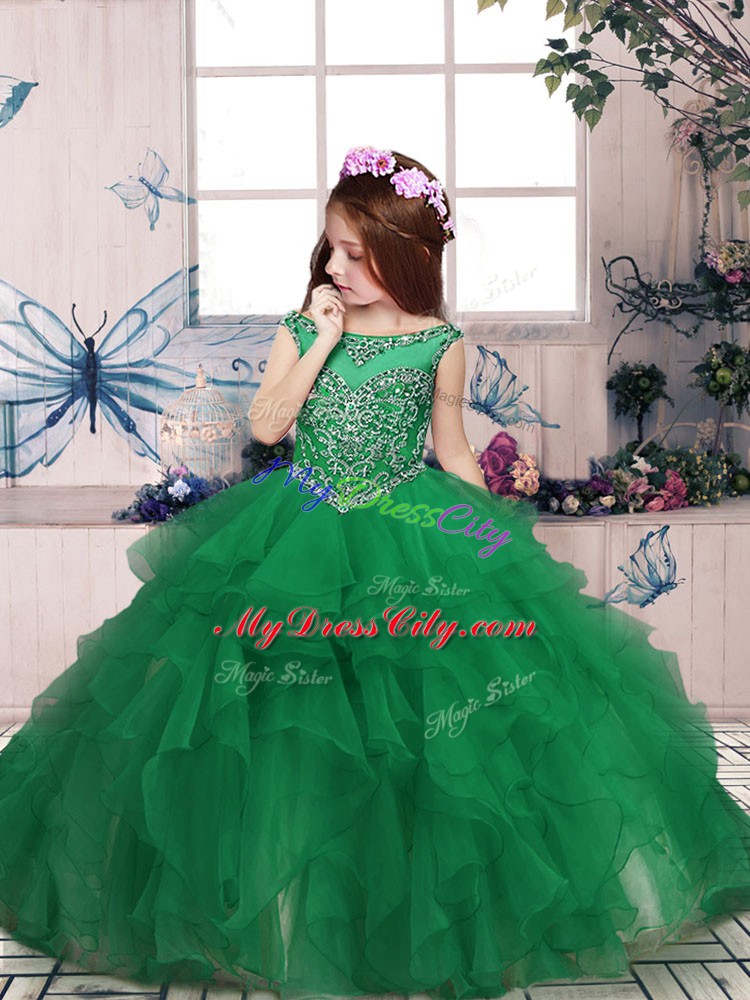 Cute Green Ball Gowns Organza Scoop Sleeveless Beading and Ruffles Floor Length Zipper Little Girls Pageant Dress Wholesale