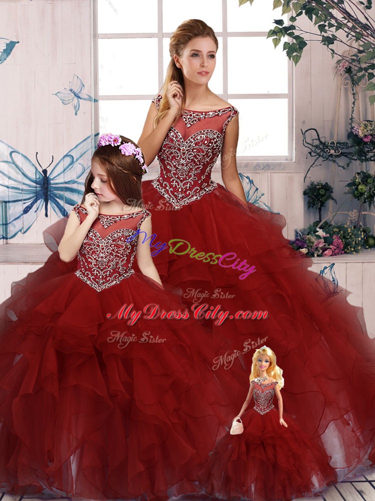 Customized Scoop Sleeveless Quinceanera Gown Floor Length Beading and Ruffles Burgundy Organza