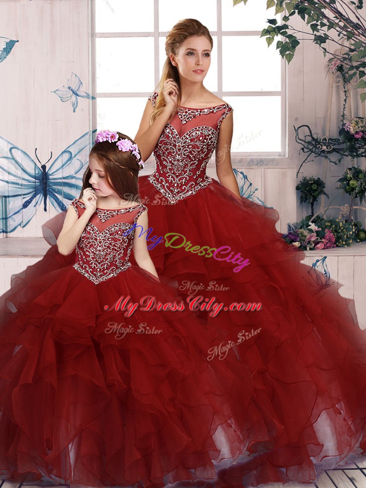 Customized Scoop Sleeveless Quinceanera Gown Floor Length Beading and Ruffles Burgundy Organza