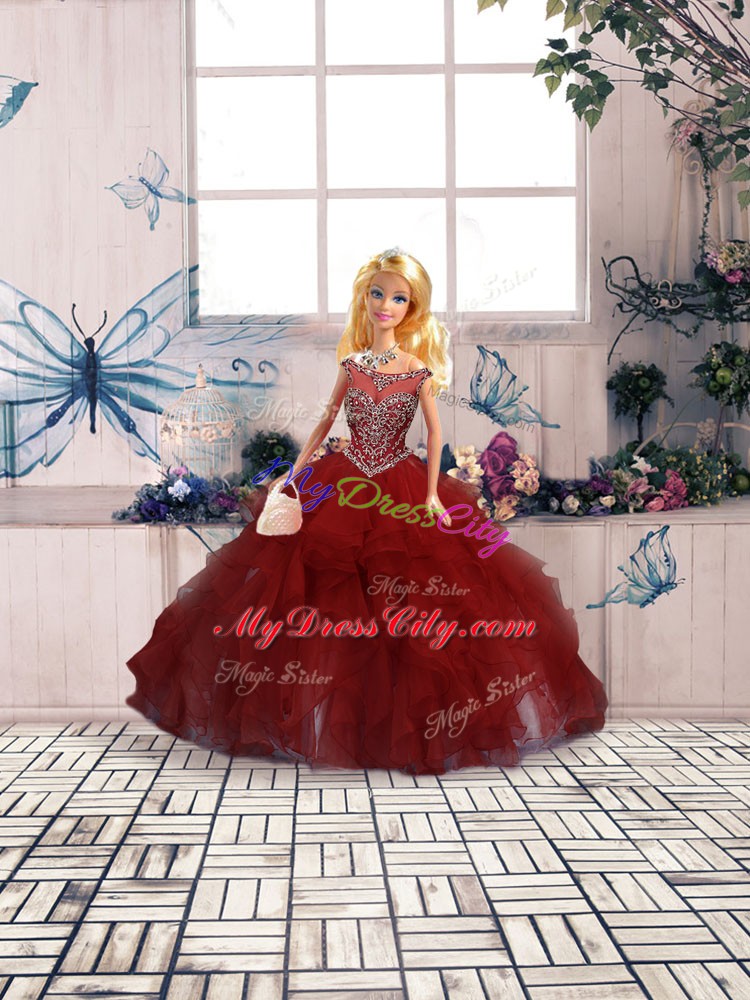 Customized Scoop Sleeveless Quinceanera Gown Floor Length Beading and Ruffles Burgundy Organza