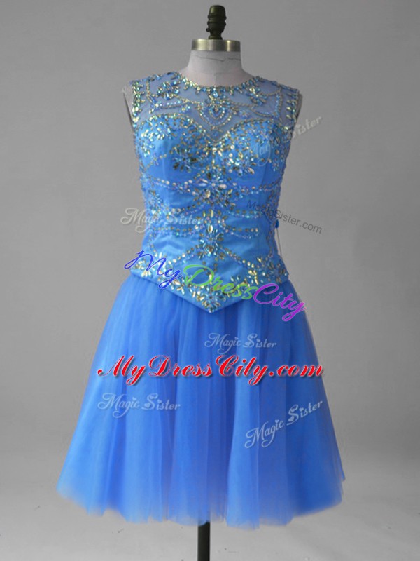 Inexpensive Blue A-line Tulle Scoop Sleeveless Beading and Sequins Mini Length Lace Up Prom Party Dress