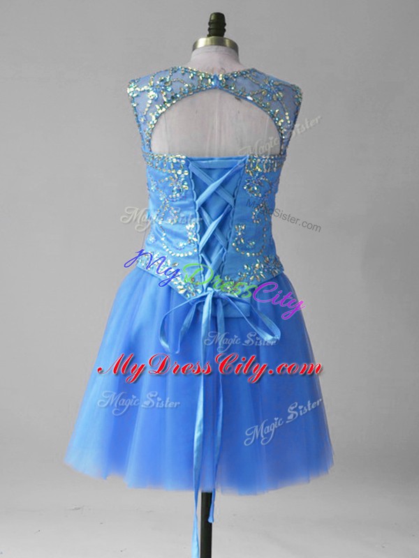 Inexpensive Blue A-line Tulle Scoop Sleeveless Beading and Sequins Mini Length Lace Up Prom Party Dress