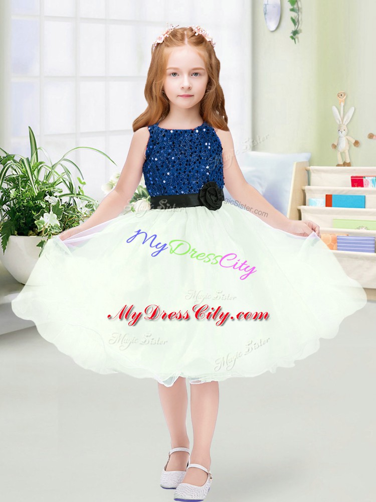 Blue And White Zipper Flower Girl Dresses for Less Sequins and Hand Made Flower Sleeveless Knee Length