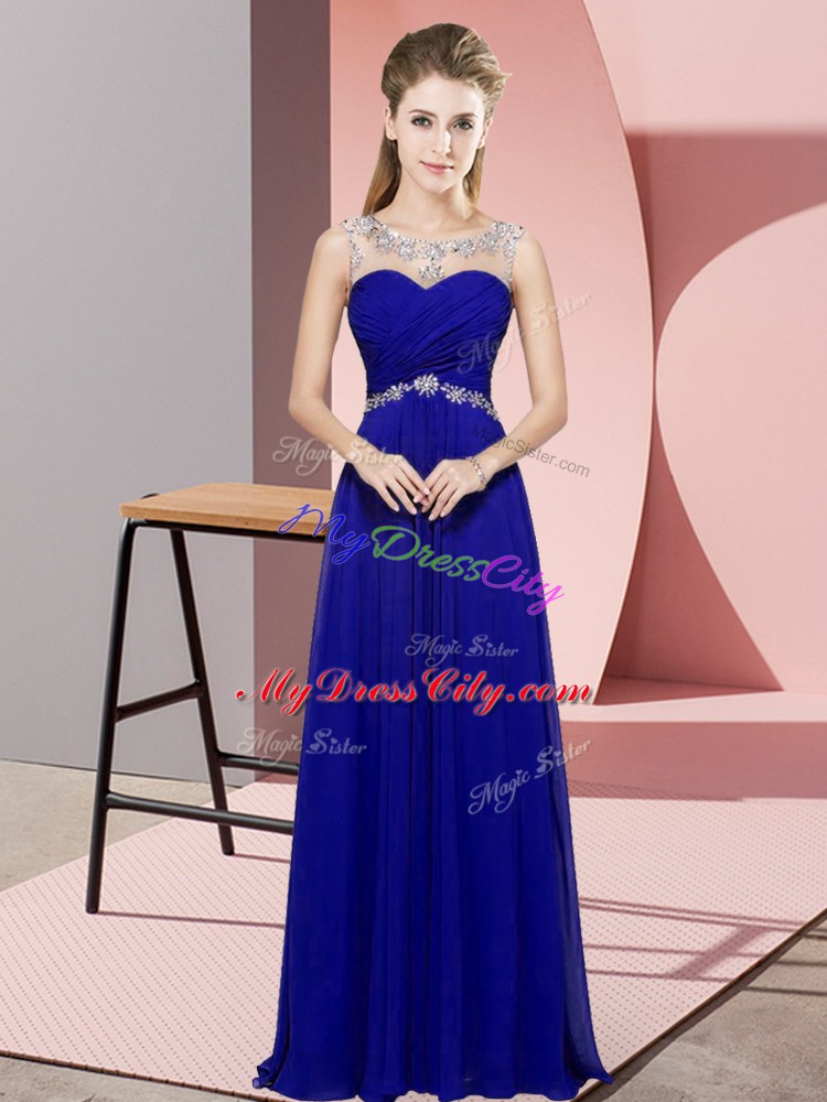 Inexpensive Beading Blue Backless Sleeveless Floor Length