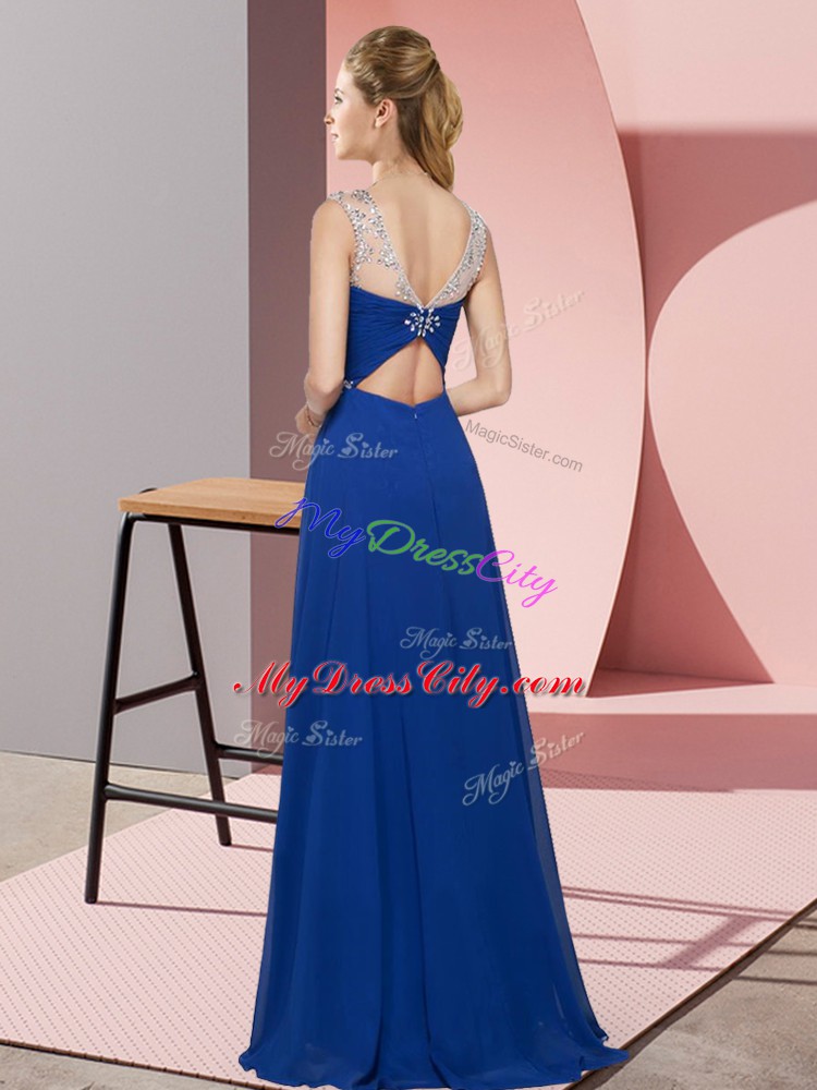 Inexpensive Beading Blue Backless Sleeveless Floor Length