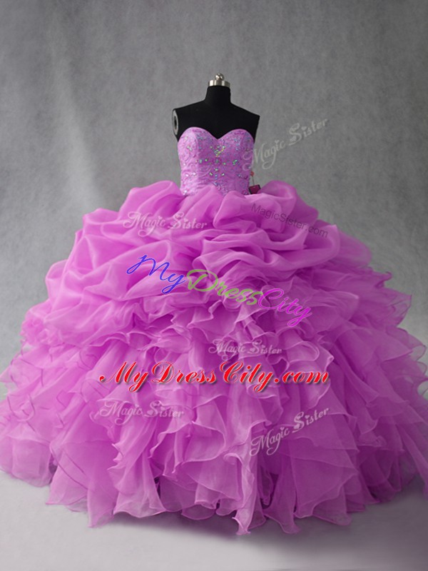 Lilac Lace Up Sweetheart Beading and Ruffles and Pick Ups Quince Ball Gowns Organza Sleeveless