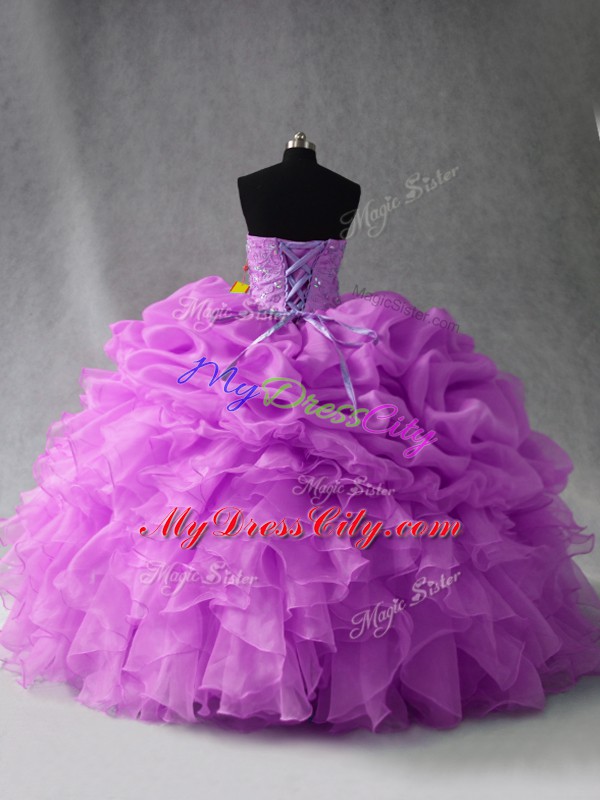 Lilac Lace Up Sweetheart Beading and Ruffles and Pick Ups Quince Ball Gowns Organza Sleeveless