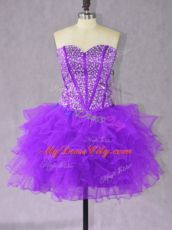 Popular Beading and Ruffles Prom Dress Purple Lace Up Sleeveless Mini Length