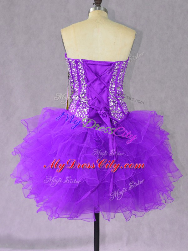 Popular Beading and Ruffles Prom Dress Purple Lace Up Sleeveless Mini Length