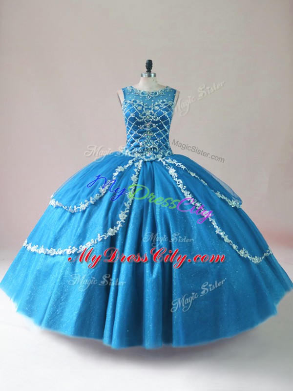 Sleeveless Floor Length Beading and Appliques Lace Up Quince Ball Gowns with Blue