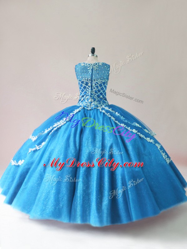 Sleeveless Floor Length Beading and Appliques Lace Up Quince Ball Gowns with Blue