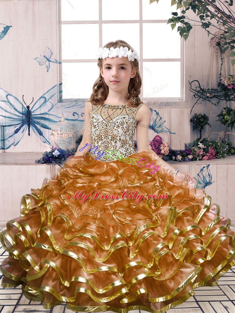 Brown Sleeveless Organza Lace Up Little Girl Pageant Dress for Party and Military Ball and Wedding Party