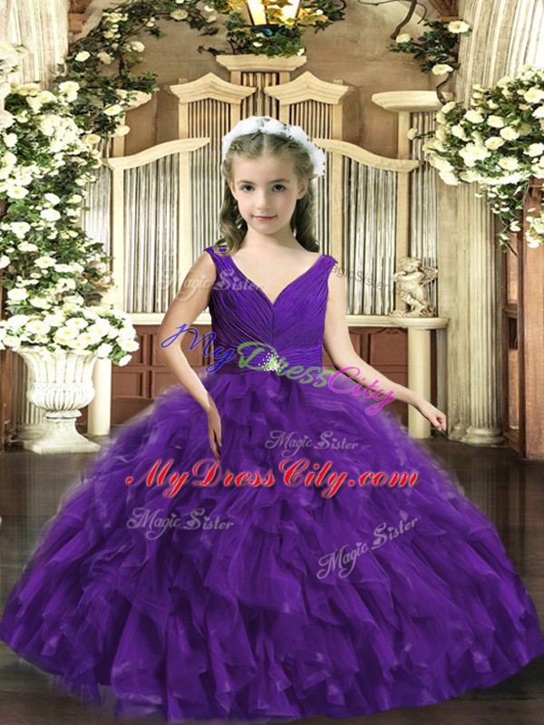 Floor Length Purple Winning Pageant Gowns V-neck Sleeveless Backless