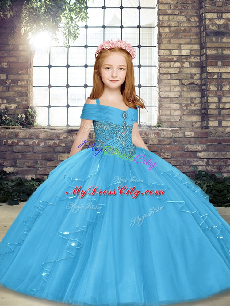 Unique Blue Sleeveless Floor Length Beading Lace Up Little Girls Pageant Dress Wholesale