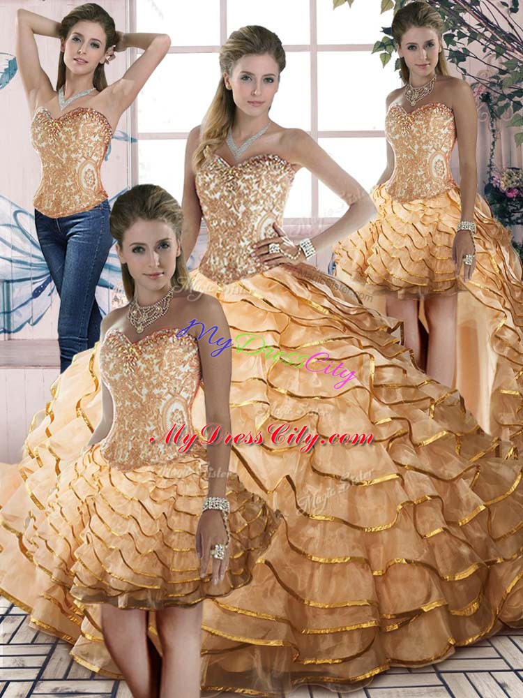 Modest Sleeveless Organza Brush Train Lace Up Quinceanera Gowns in Gold with Beading and Ruffled Layers