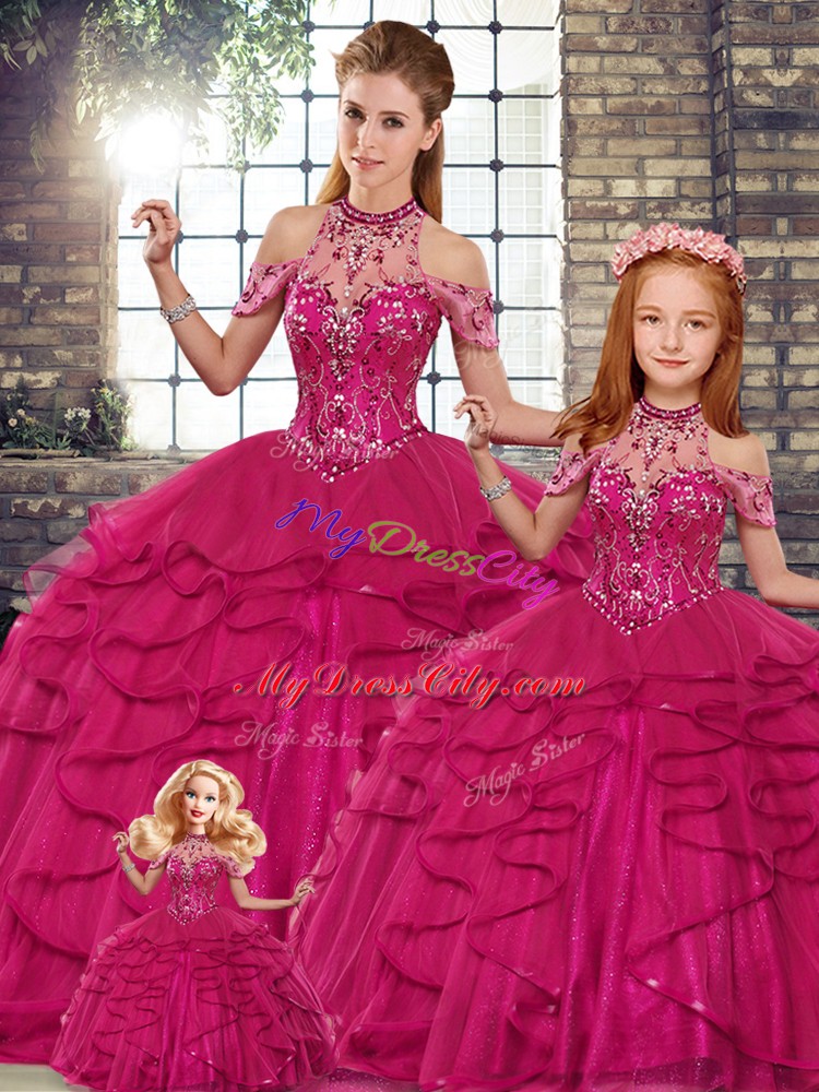 Dazzling Fuchsia Tulle Lace Up Sweet 16 Dress Sleeveless Floor Length Beading and Ruffles