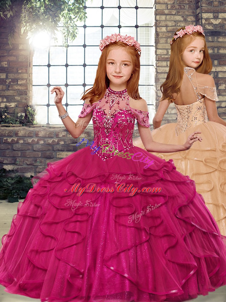 Dazzling Fuchsia Tulle Lace Up Sweet 16 Dress Sleeveless Floor Length Beading and Ruffles