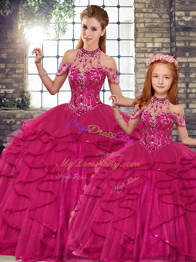 Dazzling Fuchsia Tulle Lace Up Sweet 16 Dress Sleeveless Floor Length Beading and Ruffles