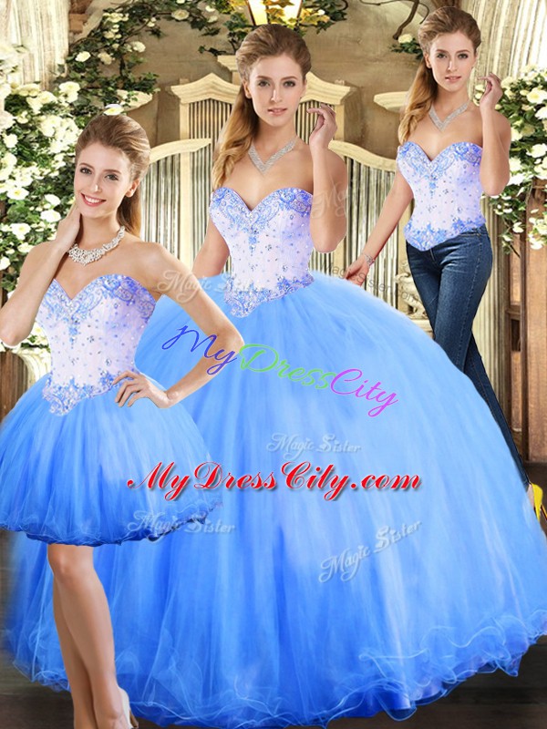 Blue Sleeveless Floor Length Beading Lace Up Sweet 16 Dress