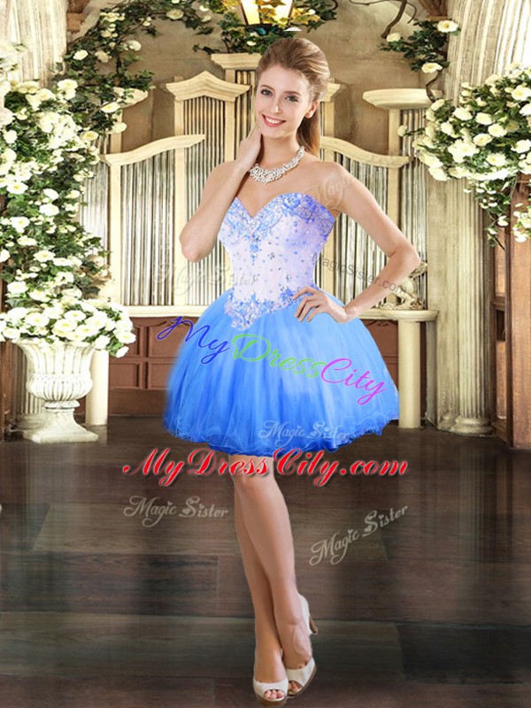 Blue Sleeveless Floor Length Beading Lace Up Sweet 16 Dress