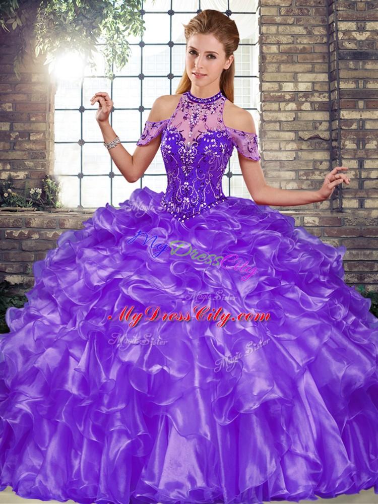 Beauteous Sleeveless Organza Floor Length Lace Up Sweet 16 Dress in Purple with Beading and Ruffles