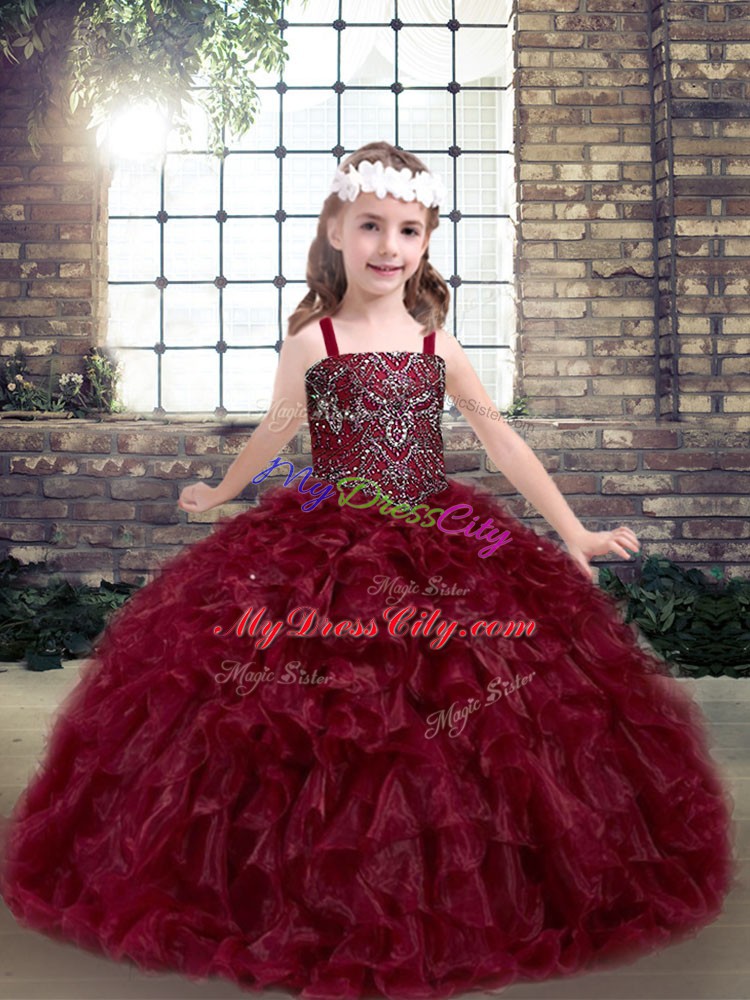 Straps Sleeveless Pageant Gowns For Girls Floor Length Beading and Ruffles Burgundy Organza