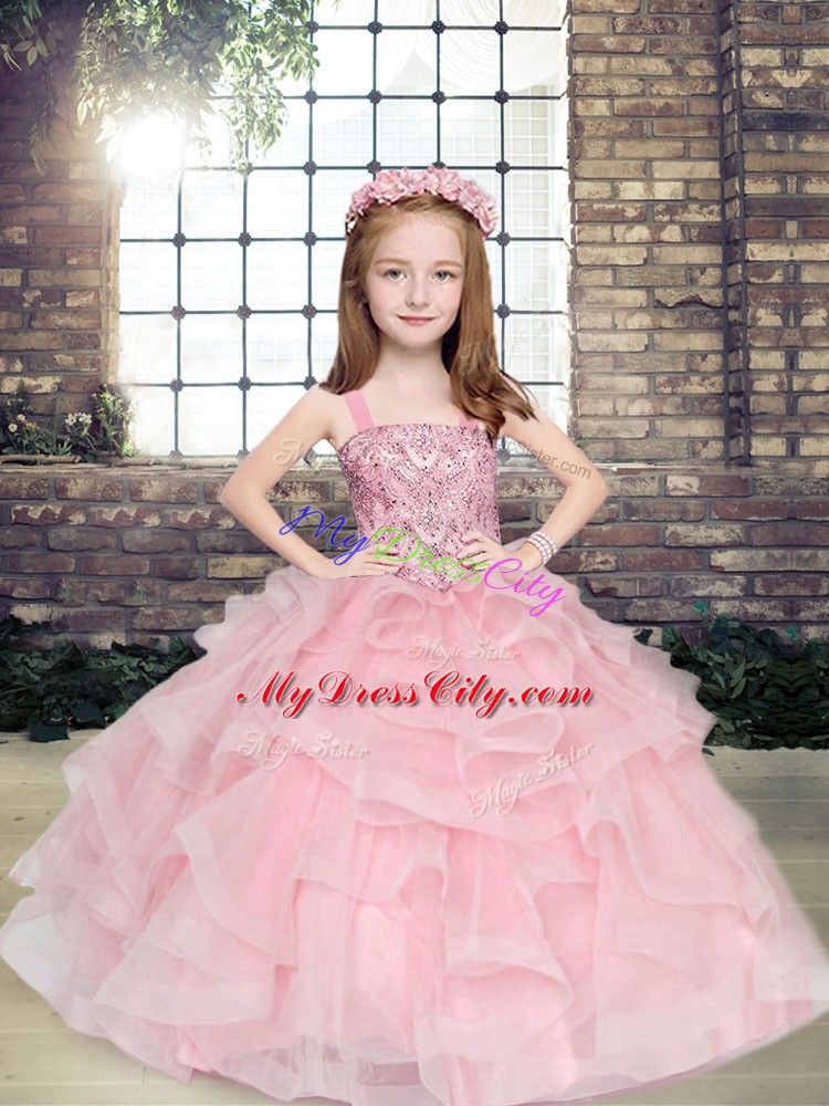 Latest Pink Sleeveless Beading and Ruffles Floor Length Child Pageant Dress