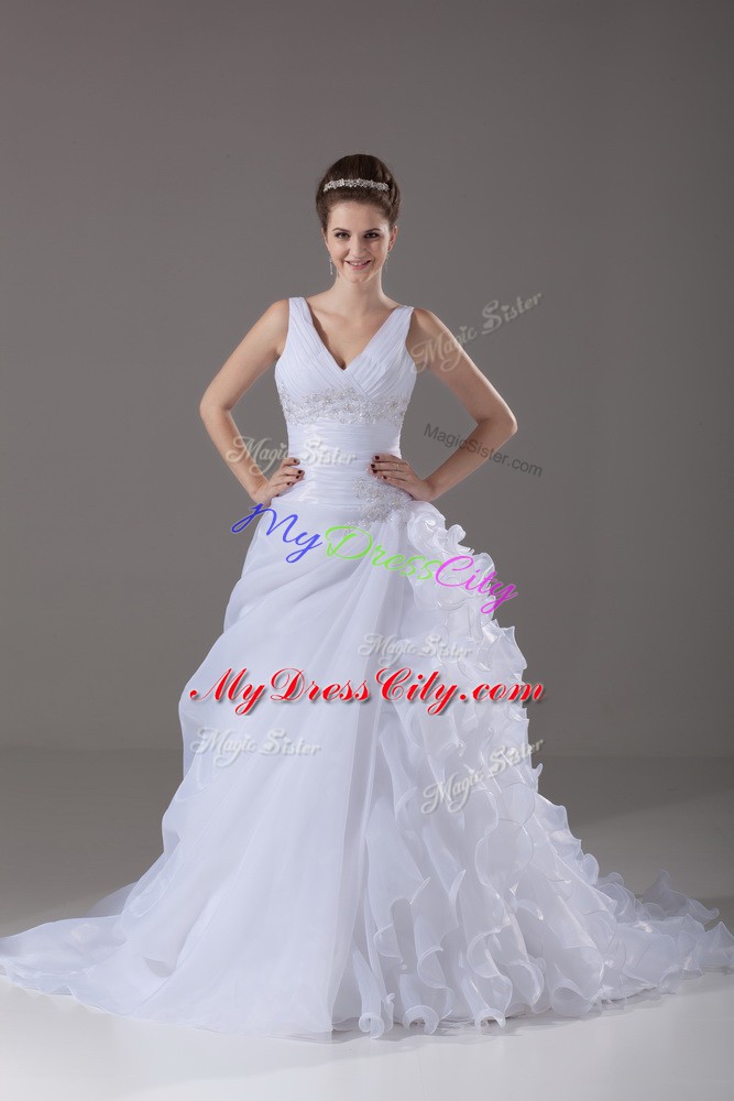 Discount White Organza Lace Up V-neck Sleeveless Wedding Dress Brush Train Beading and Ruffles