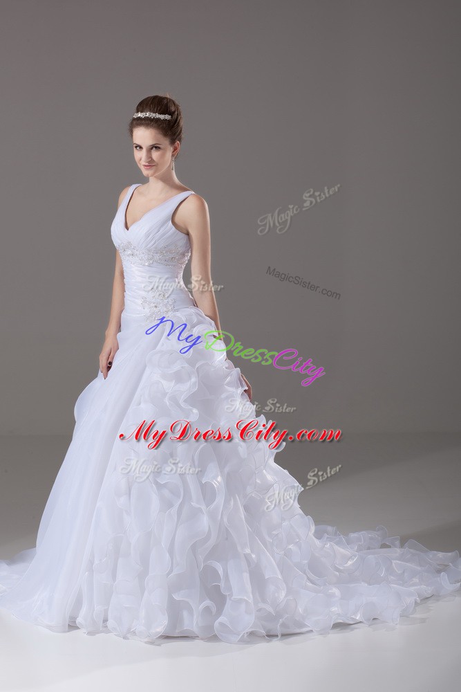 Discount White Organza Lace Up V-neck Sleeveless Wedding Dress Brush Train Beading and Ruffles