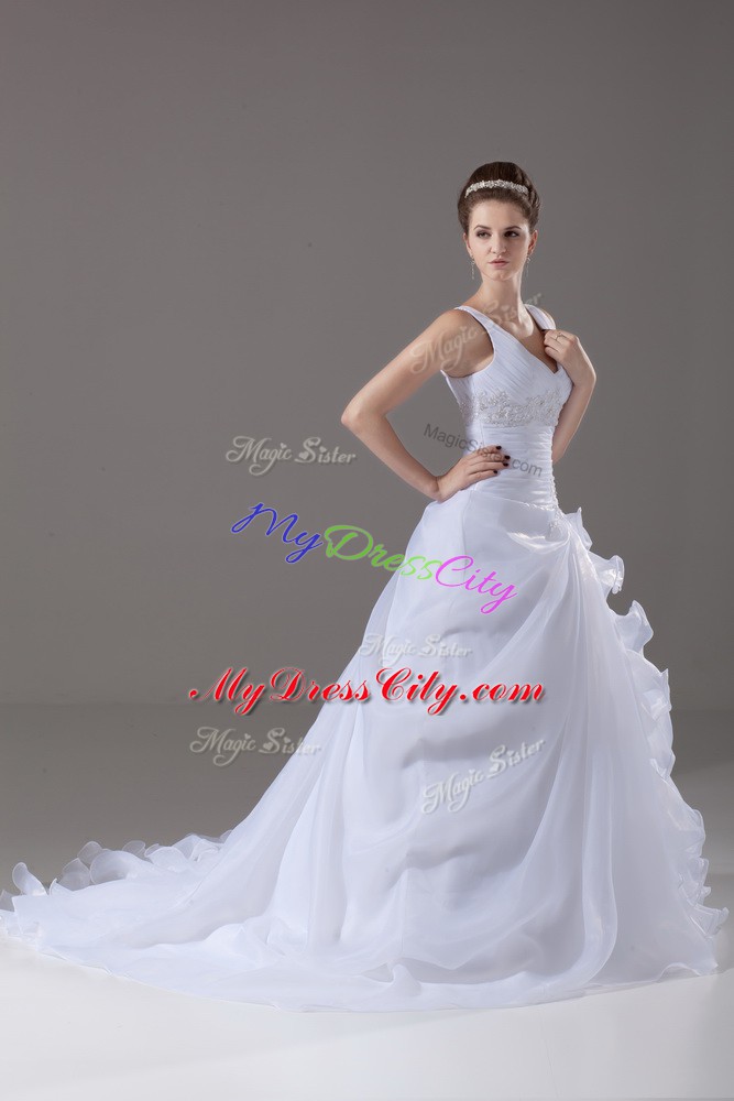 Discount White Organza Lace Up V-neck Sleeveless Wedding Dress Brush Train Beading and Ruffles