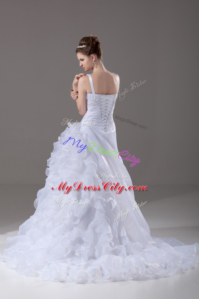 Discount White Organza Lace Up V-neck Sleeveless Wedding Dress Brush Train Beading and Ruffles