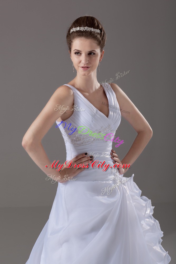 Discount White Organza Lace Up V-neck Sleeveless Wedding Dress Brush Train Beading and Ruffles