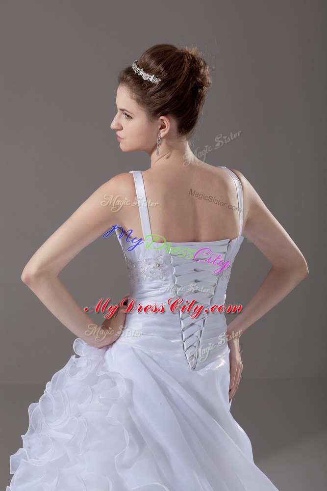 Discount White Organza Lace Up V-neck Sleeveless Wedding Dress Brush Train Beading and Ruffles