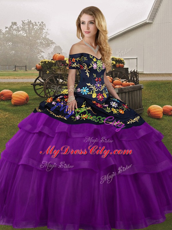 Delicate Tulle Off The Shoulder Sleeveless Brush Train Lace Up Embroidery and Ruffled Layers Quinceanera Gowns in Black And Purple