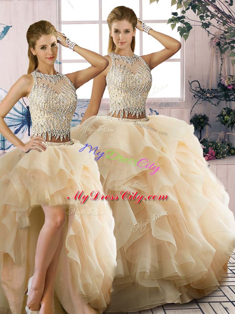 Organza Sleeveless Floor Length Sweet 16 Dress and Beading and Ruffles