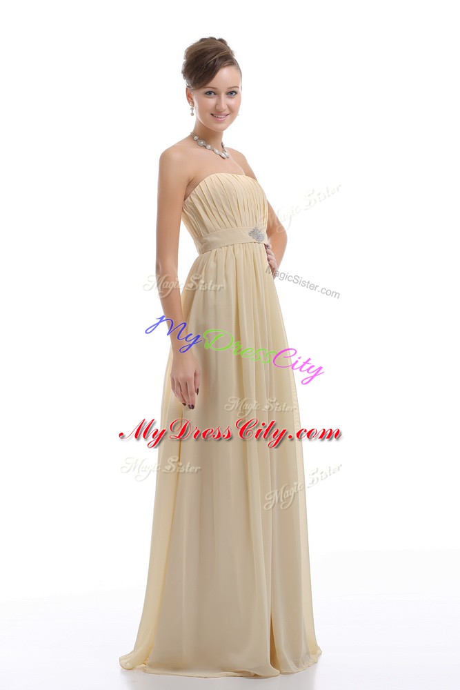 Light Yellow Chiffon Lace Up Strapless Sleeveless Party Dress Wholesale Beading and Ruching