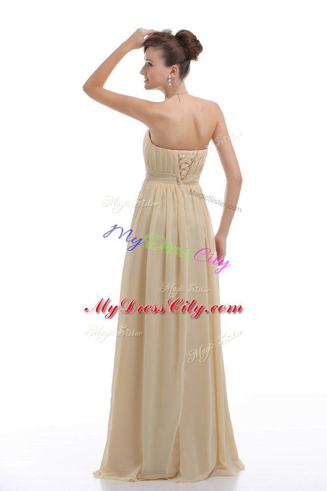 Light Yellow Chiffon Lace Up Strapless Sleeveless Party Dress Wholesale Beading and Ruching