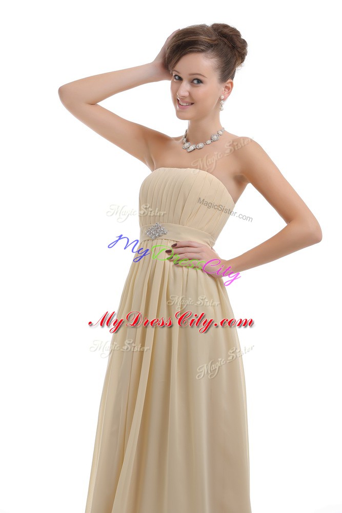 Light Yellow Chiffon Lace Up Strapless Sleeveless Party Dress Wholesale Beading and Ruching