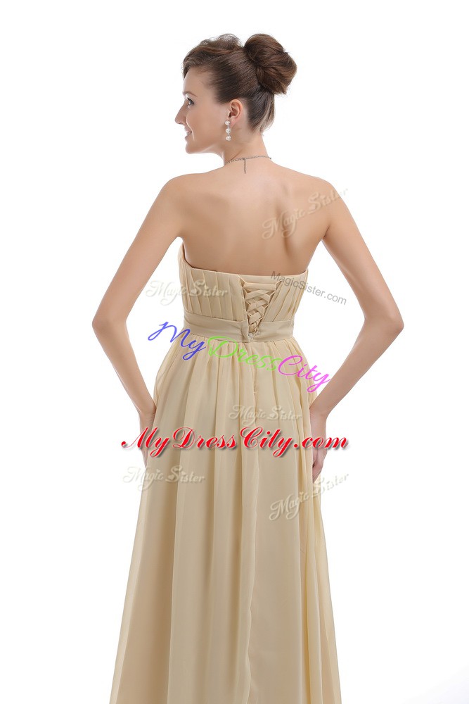 Light Yellow Chiffon Lace Up Strapless Sleeveless Party Dress Wholesale Beading and Ruching