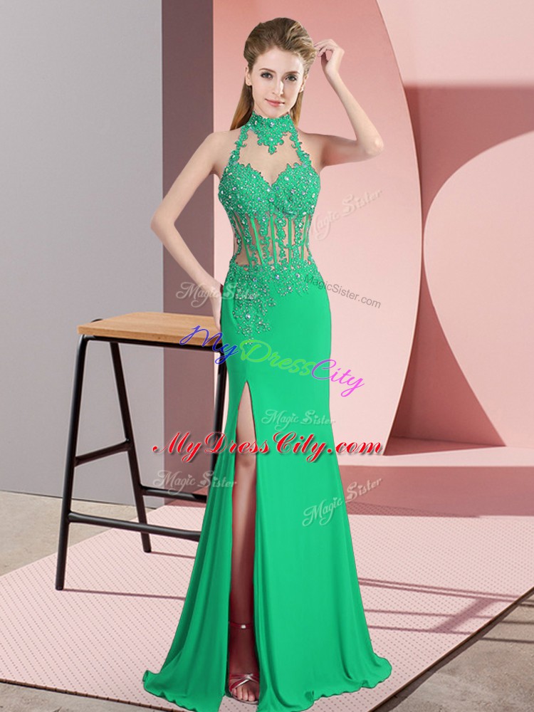 Sleeveless Chiffon Floor Length Backless Formal Evening Gowns in Green with Beading and Lace and Appliques