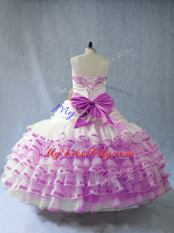 Lilac Sweetheart Lace Up Embroidery and Ruffled Layers Ball Gown Prom Dress Sleeveless