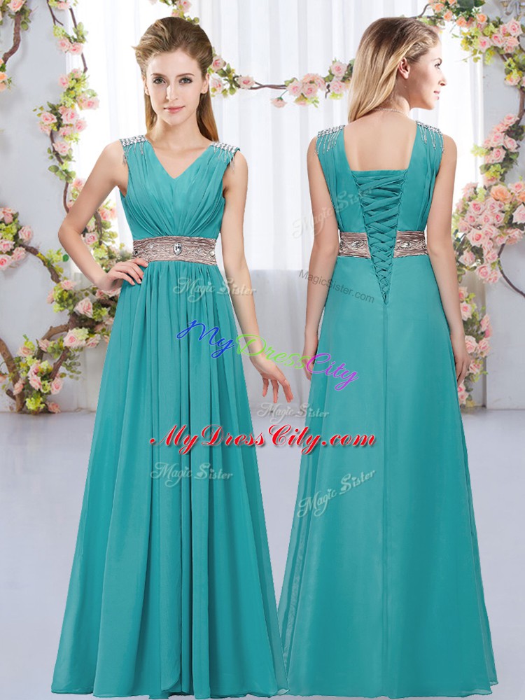 Customized V-neck Sleeveless Chiffon Bridesmaid Dresses Beading and Belt Lace Up