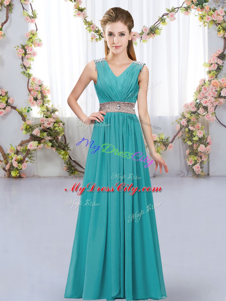 Customized V-neck Sleeveless Chiffon Bridesmaid Dresses Beading and Belt Lace Up