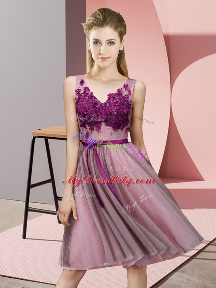 Latest Tulle V-neck Sleeveless Lace Up Appliques Wedding Party Dress in Pink