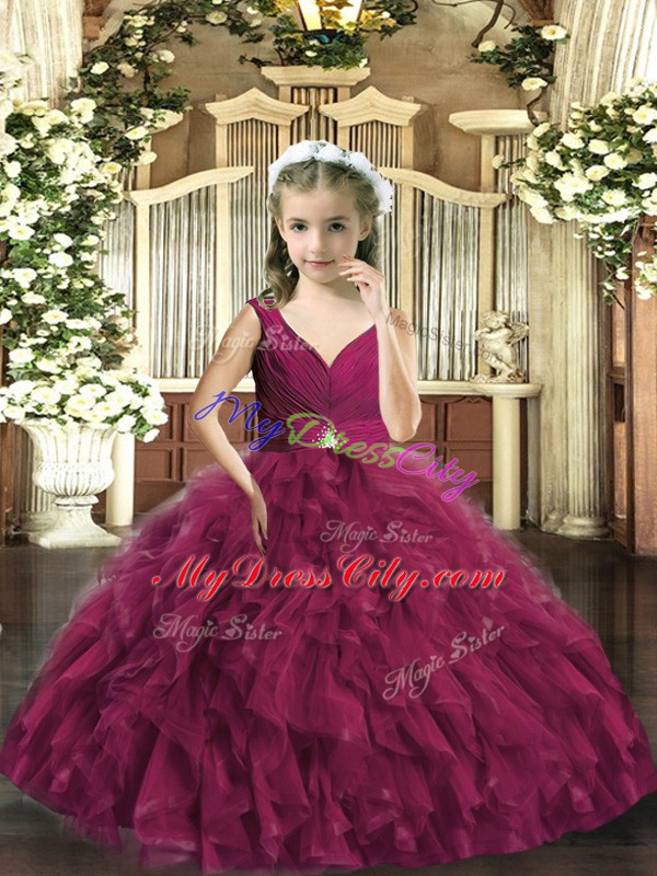 Floor Length Burgundy Kids Pageant Dress Sleeveless Backless