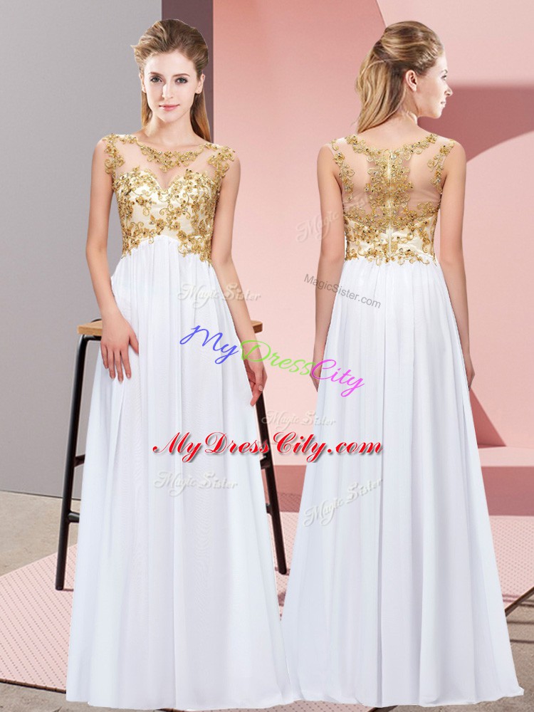 White Empire Beading and Appliques Wedding Party Dress Zipper Chiffon Sleeveless Floor Length