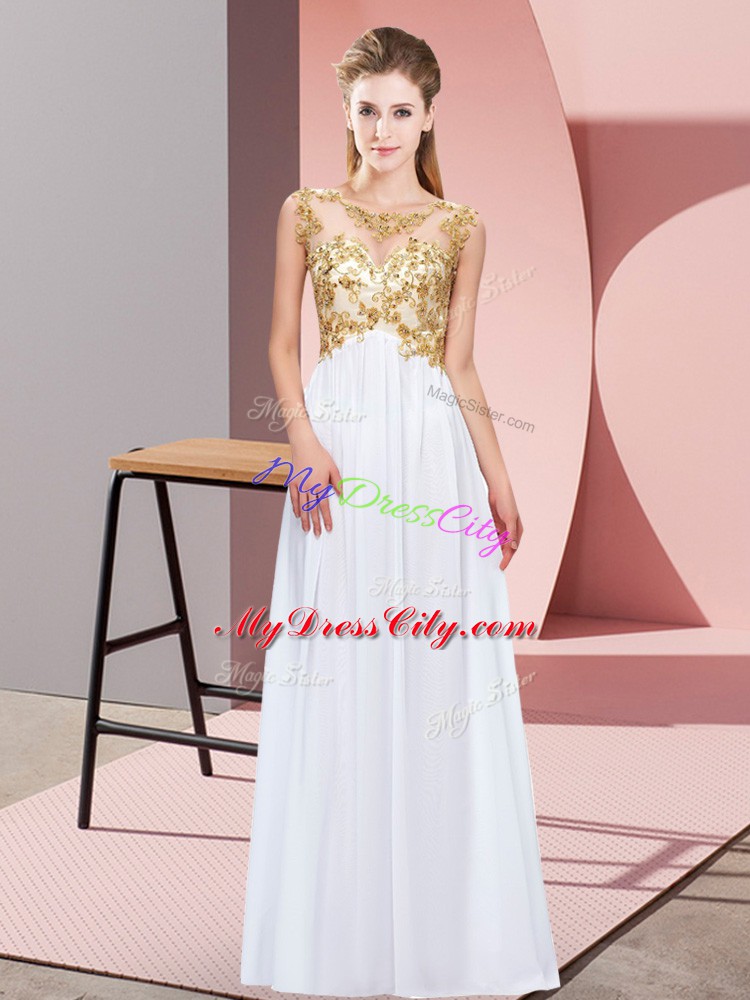 White Empire Beading and Appliques Wedding Party Dress Zipper Chiffon Sleeveless Floor Length